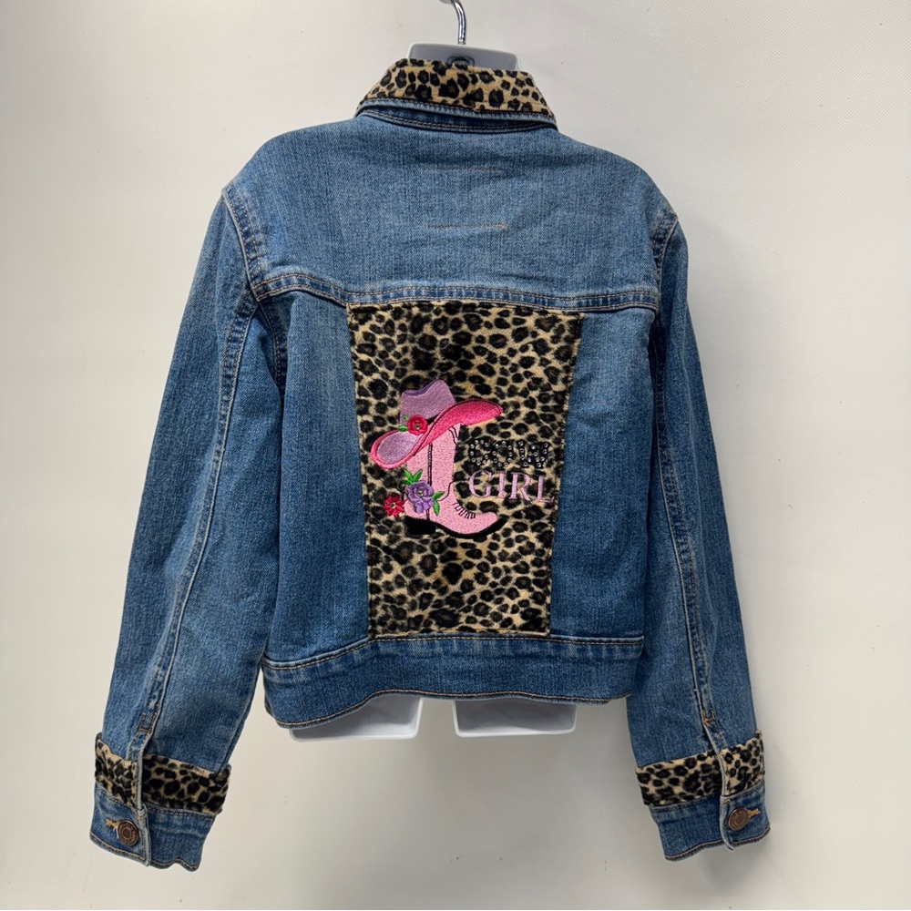 Old Navy Jean Trucker Jacket Girls Up-cycled Embroidered Cowgirl Boots Leopard